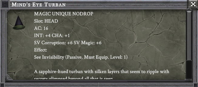 MIND'S EYE TURBAN item card screenshot, slot HEAD, lore: A sapphire-hued turban with silken layers that seem to ripple with secrets glimpsed beyond all that is seen.