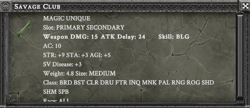 SAVAGE CLUB item card screenshot, slot PRIMARY SECONDARY