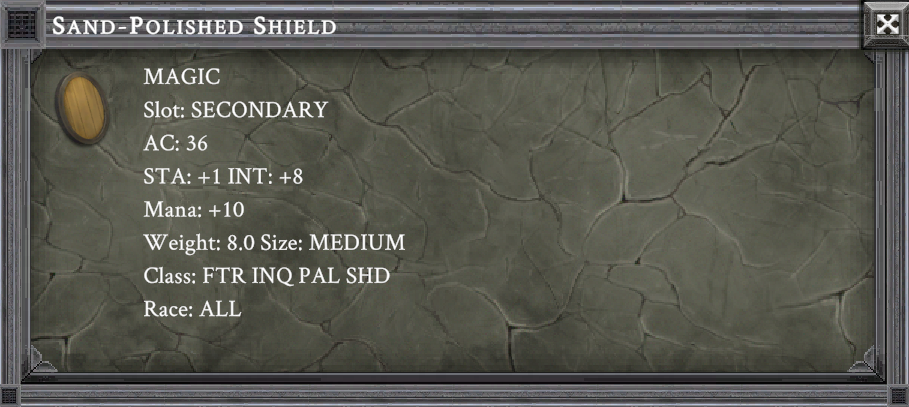 SAND-POLISHED SHIELD item card screenshot, slot SECONDARY