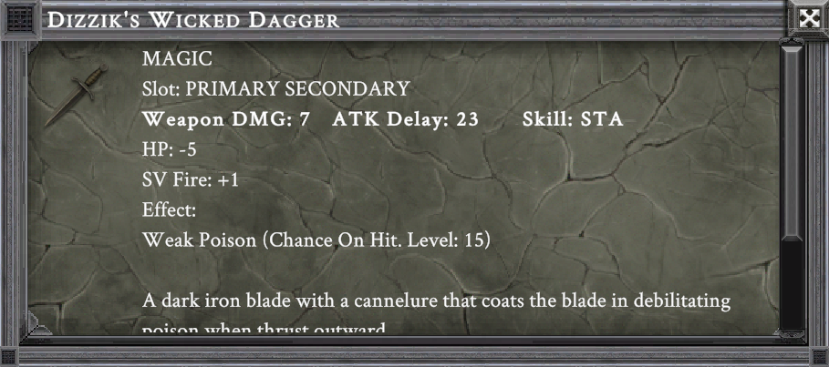 DIZZIK'S WICKED DAGGER item card screenshot, slot PRIMARY SECONDARY