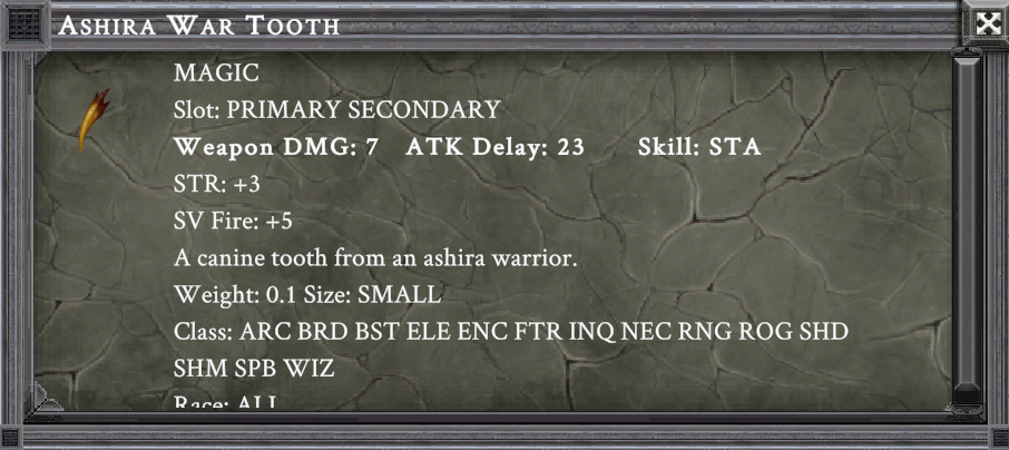ASHIRA WAR TOOTH item card screenshot, slot PRIMARY SECONDARY, lore: A canine tooth from an ashira warrior.
