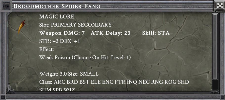 BROODMOTHER SPIDER FANG item card screenshot, slot PRIMARY SECONDARY