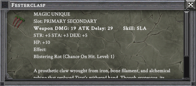 FESTERCLASP item card screenshot, slot PRIMARY SECONDARY, lore: A prosthetic claw wrought from iron, bone filament, and alchemical tubing that replaces Zirat's withered hand. Though grotesque, its design is chillingly elegant.