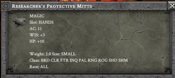 RESEARCHER'S PROTECTIVE MITTS item card screenshot, slot HANDS