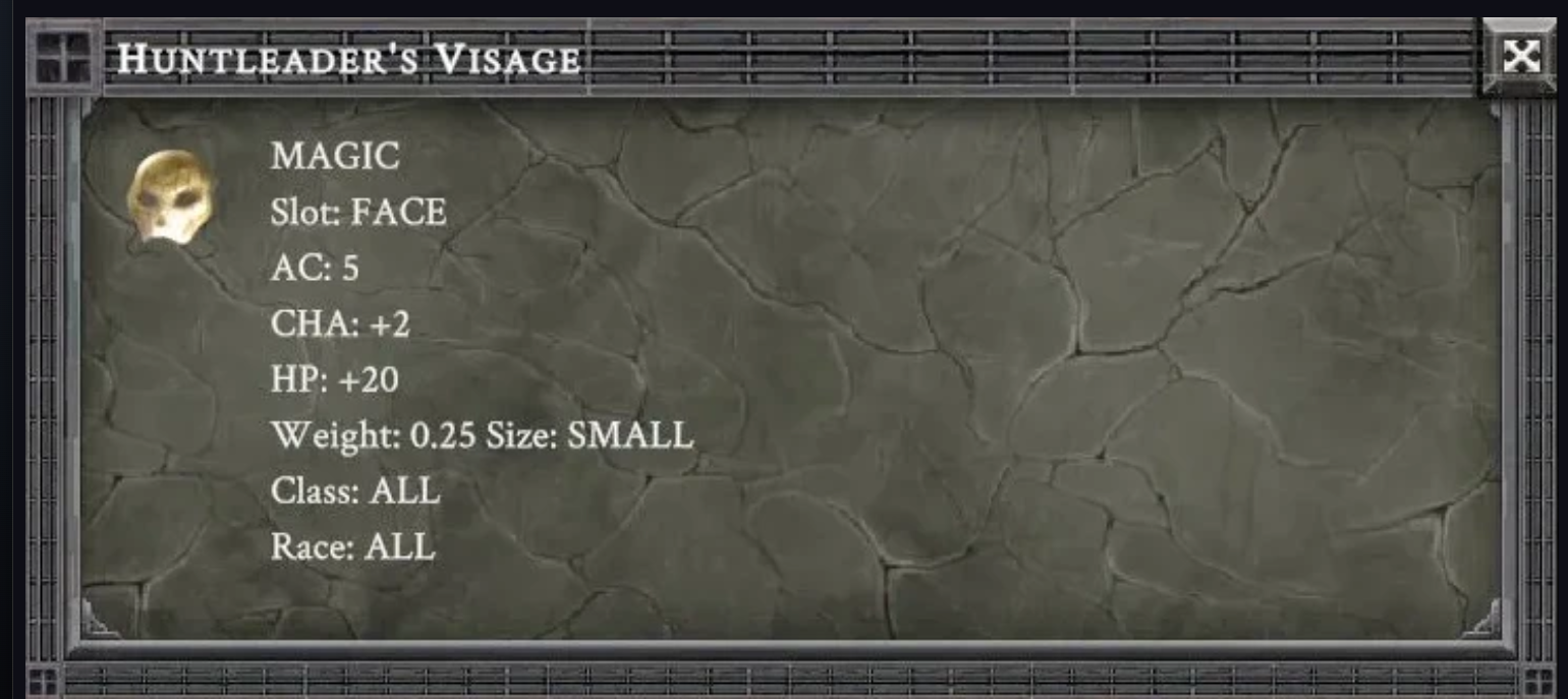 HUNTLEADER'S VISAGE item card screenshot, slot FACE