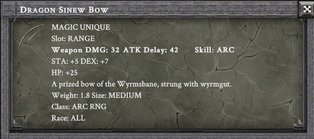 DRAGON SINEW BOW item card screenshot, slot RANGE, lore: A prized bow of the Wyrmsbane, strung with wyrmgut.