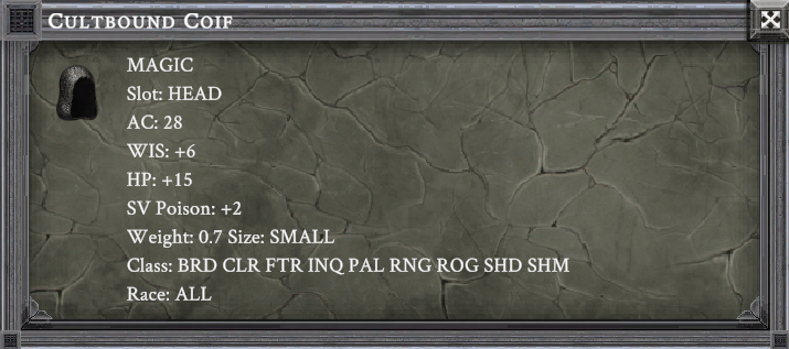CULTBOUND COIF item card screenshot, slot HEAD