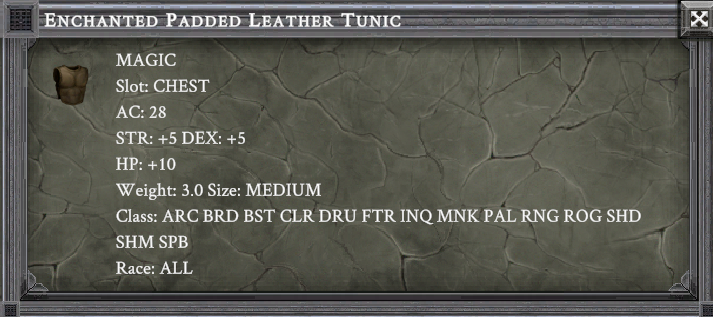 ENCHANTED PADDED LEATHER TUNIC item card screenshot, slot CHEST