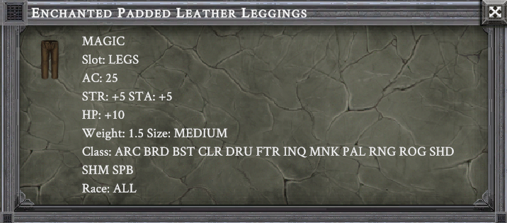ENCHANTED PADDED LEATHER LEGGINGS item card screenshot, slot LEGS