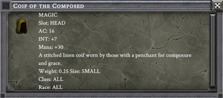 COIF OF THE COMPOSED item card screenshot, slot HEAD, lore: A stitched linen coif worn by those with a penchant for composure and grace.