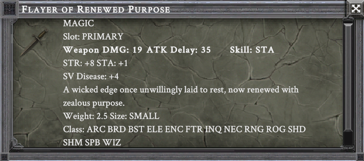 FLAYER OF RENEWED PURPOSE item card screenshot, slot PRIMARY, lore: A wicked edge once unwillingly laid to rest, now renewed with zealous purpose.