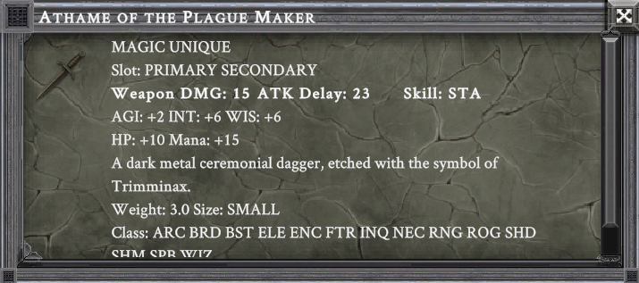 ATHAME OF THE PLAGUE MAKER item card screenshot, slot PRIMARY SECONDARY, lore: A dark metal ceremonial dagger, etched with the symbol of Trimminax