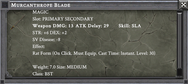 MURCANTHROPE BLADE item card screenshot, slot PRIMARY SECONDARY