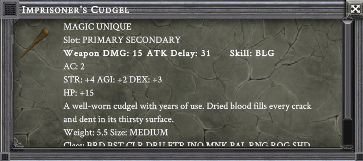 IMPRISONER'S CUDGEL item card screenshot, slot PRIMARY SECONDARY, lore: A well-worn cudgel with years of use. Dried blood fills every crack and dent in its thirsty surface.