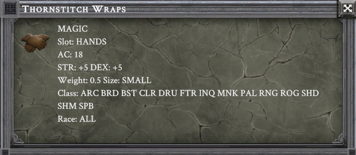 THORNSTITCH WRAPS item card screenshot, slot HANDS