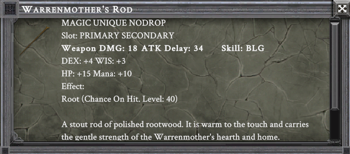 WARRENMOTHER'S ROD item card screenshot, slot PRIMARY SECONDARY, lore: A stout rod of polished rootwood. It is warm to the touch and carries the gentle strength of the Warrenmother's hearth and home