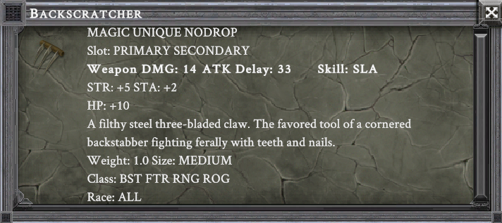 BACKSCRATCHER item card screenshot, slot PRIMARY SECONDARY, lore: A filthy steel three-bladed claw. The favored tool of a cornered backstabber fighting ferally with teeth and nails.