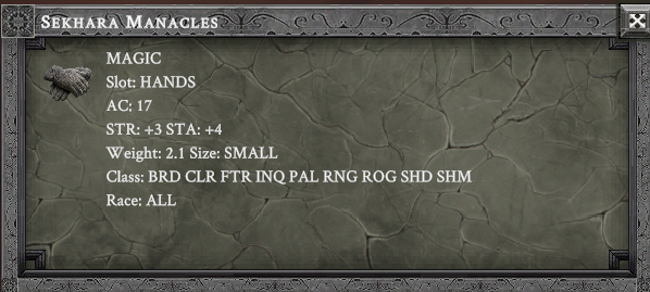 SEKHARA MANACLES item card screenshot, slot HANDS