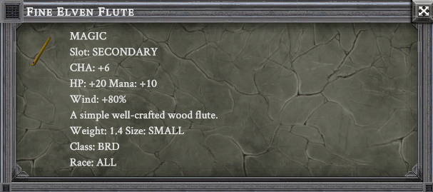 FINE ELVEN FLUTE item card screenshot, slot SECONDARY, lore: A simple well-crafted wood flute.